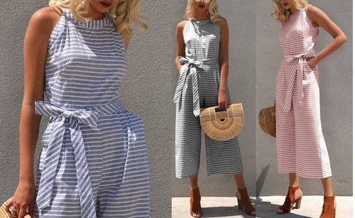 Striped summer jumpsuit for women with wide leg and V-neck – Alina-Blue-S-State of Style