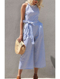 Striped summer jumpsuit for women with wide leg and V-neck – Alina-Blue-S-State of Style