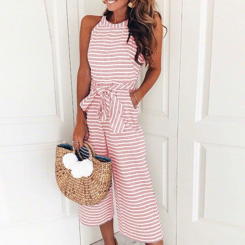 Striped summer jumpsuit for women with wide leg and V-neck – Alina-Pink-S-State of Style