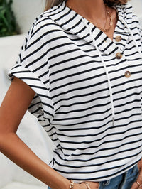 Striped Women's Hoodie with Short Sleeves and Button Closure – Romy-S-State of Style
