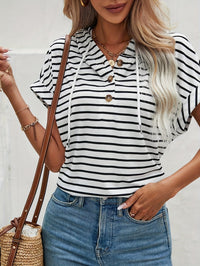Striped Women's Hoodie with Short Sleeves and Button Closure – Romy-S-State of Style