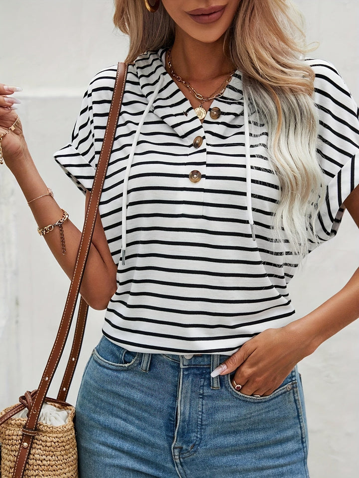 Striped Women's Hoodie with Short Sleeves and Button Closure – Romy-S-State of Style