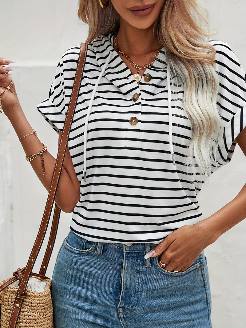 Striped Women's Hoodie with Short Sleeves and Button Closure – Romy-S-State of Style