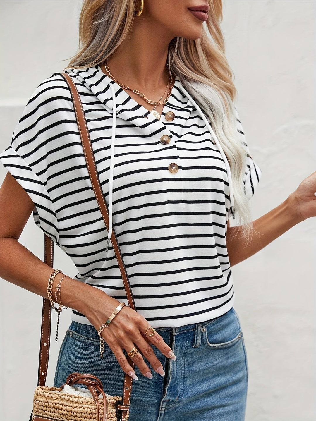 Striped Women's Hoodie with Short Sleeves and Button Closure – Romy-S-State of Style