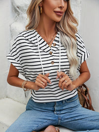 Striped Women's Hoodie with Short Sleeves and Button Closure – Romy-S-State of Style