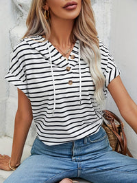 Striped Women's Hoodie with Short Sleeves and Button Closure – Romy-S-State of Style