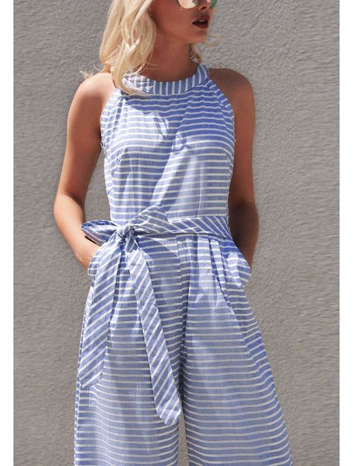 Striped women's jumpsuit with wrap neckline – Vivienne-Blue-S-State of Style