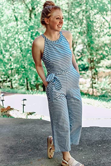 Striped women's jumpsuit with wrap neckline – Vivienne-Blue-S-State of Style