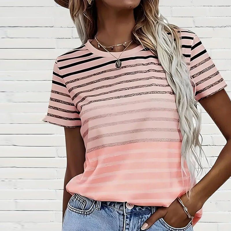 Striped women's T-shirt with round neckline & gradient – Melia-Light pink-S-State of Style