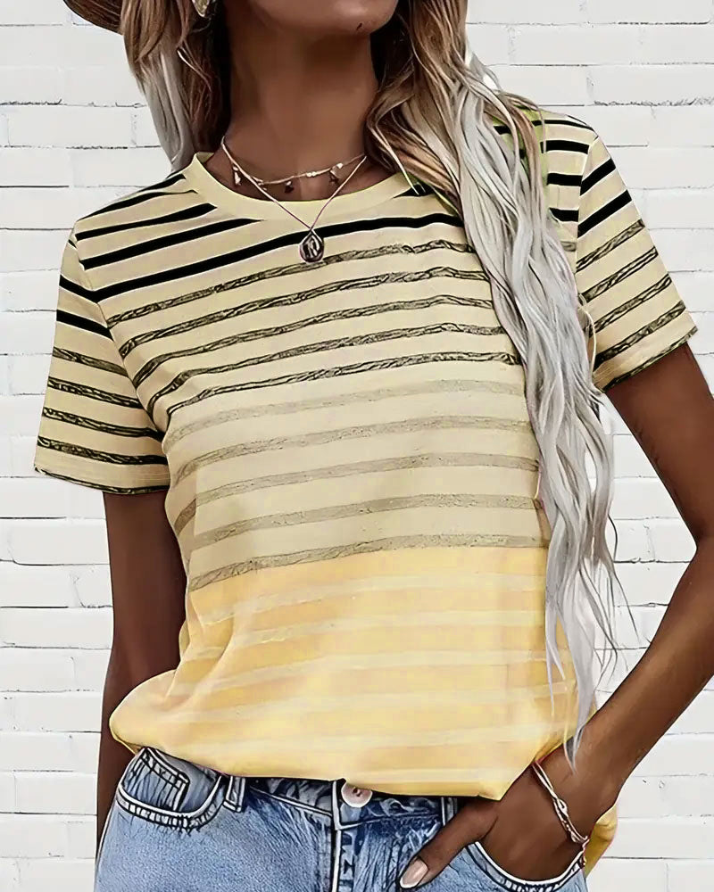 Striped women's T-shirt with round neckline & gradient – Melia-Yellow-S-State of Style