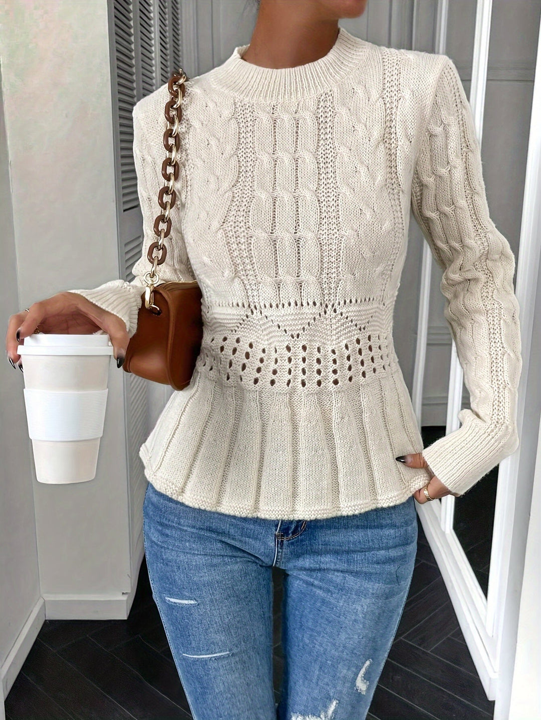Sturdy Cable Knit Sweater with Round Neck - Elena-Beige-S-State of Style