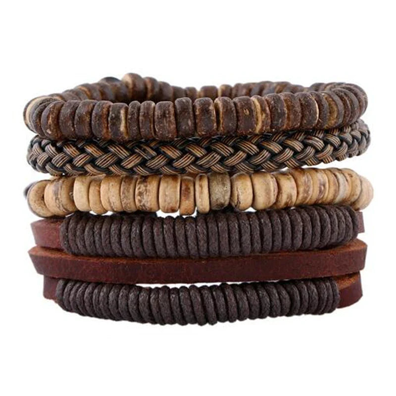 STYLISH 4-PIECE WOOD AND LEATHER BRACELET SET-SET 1-State of Style