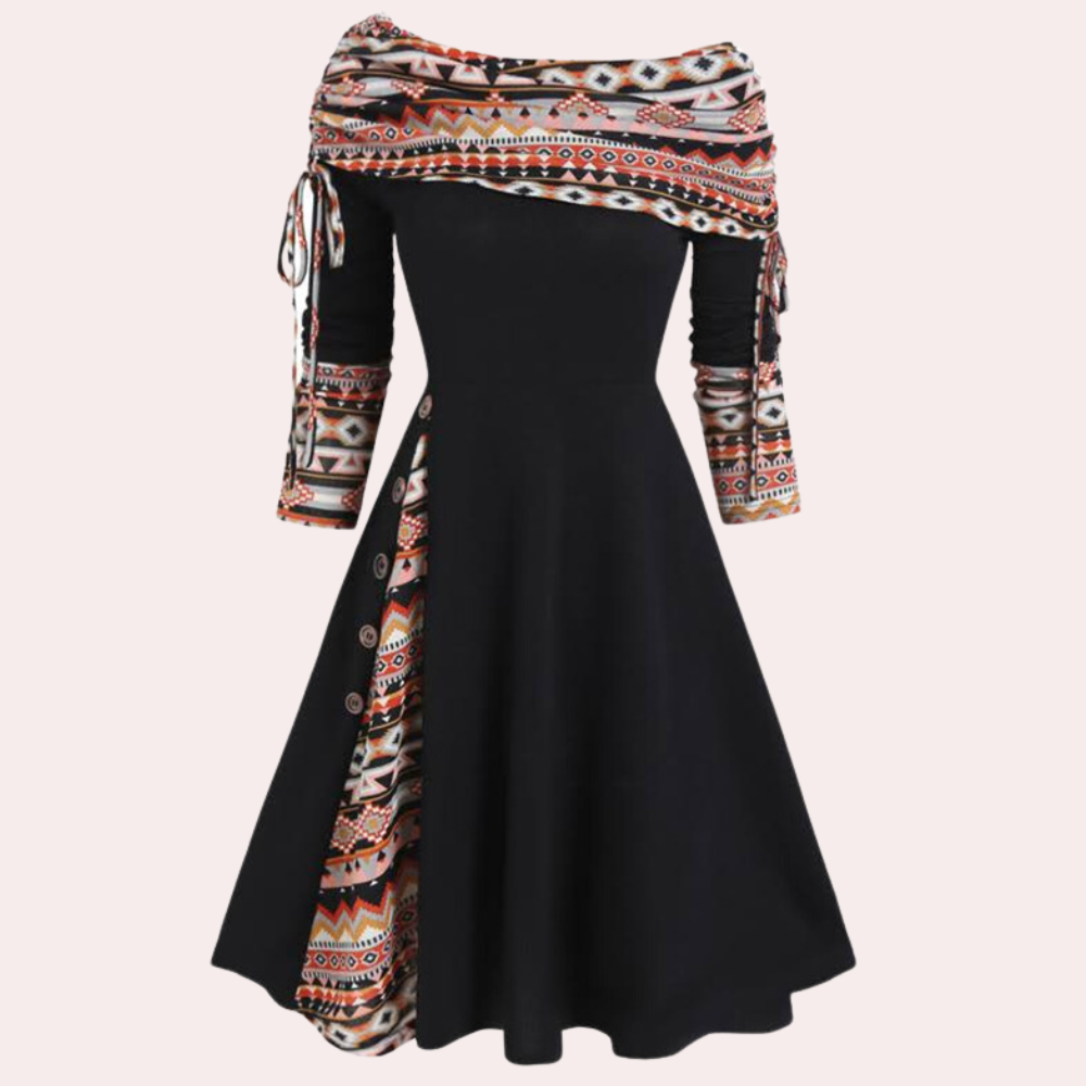 Stylish A-line Dress with Accent Print - Elara-Black-XS-State of Style
