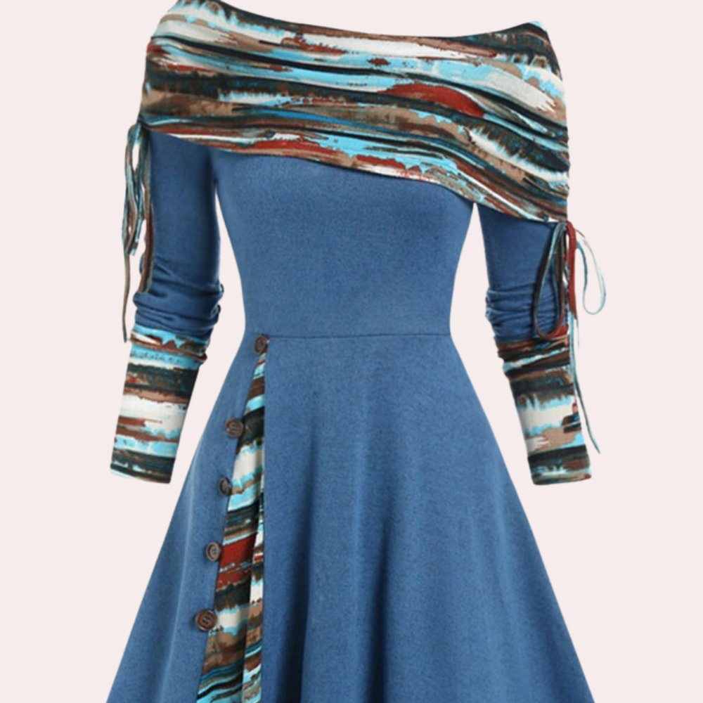 Stylish A-line Dress with Accent Print - Elara-Blue-XS-State of Style