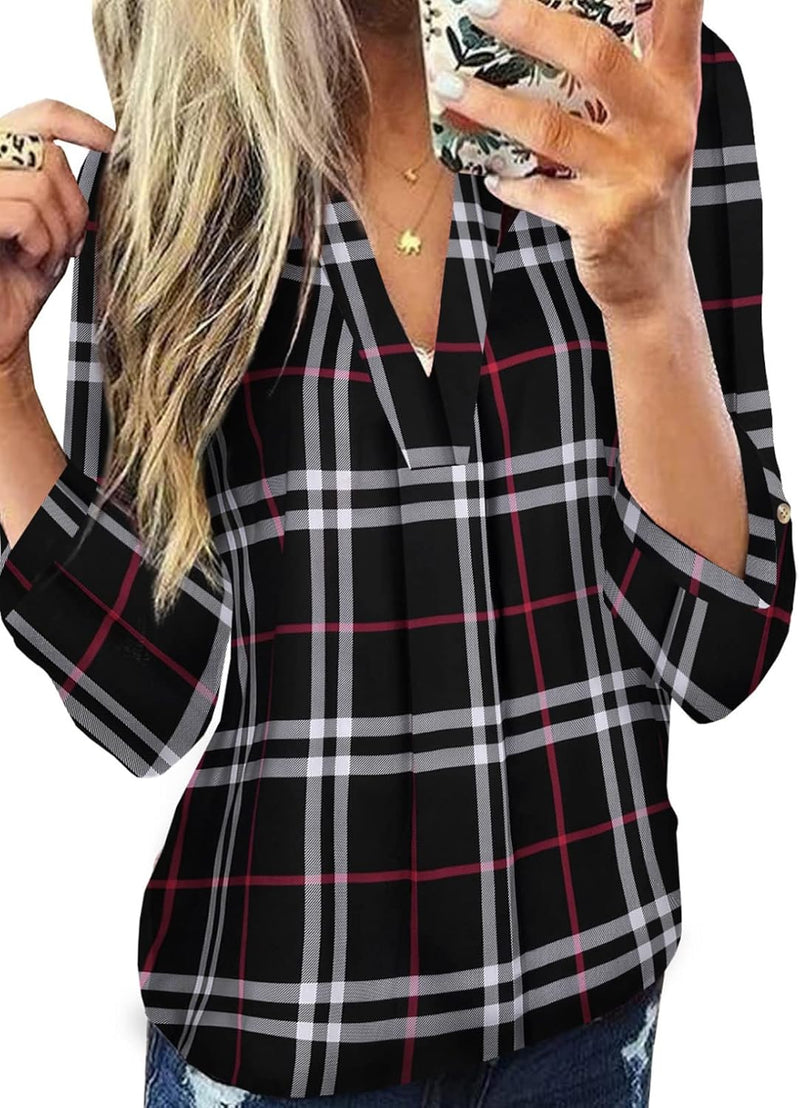 Stylish Casual Checked Ladies' Blouse - Lara-Black-S-State of Style