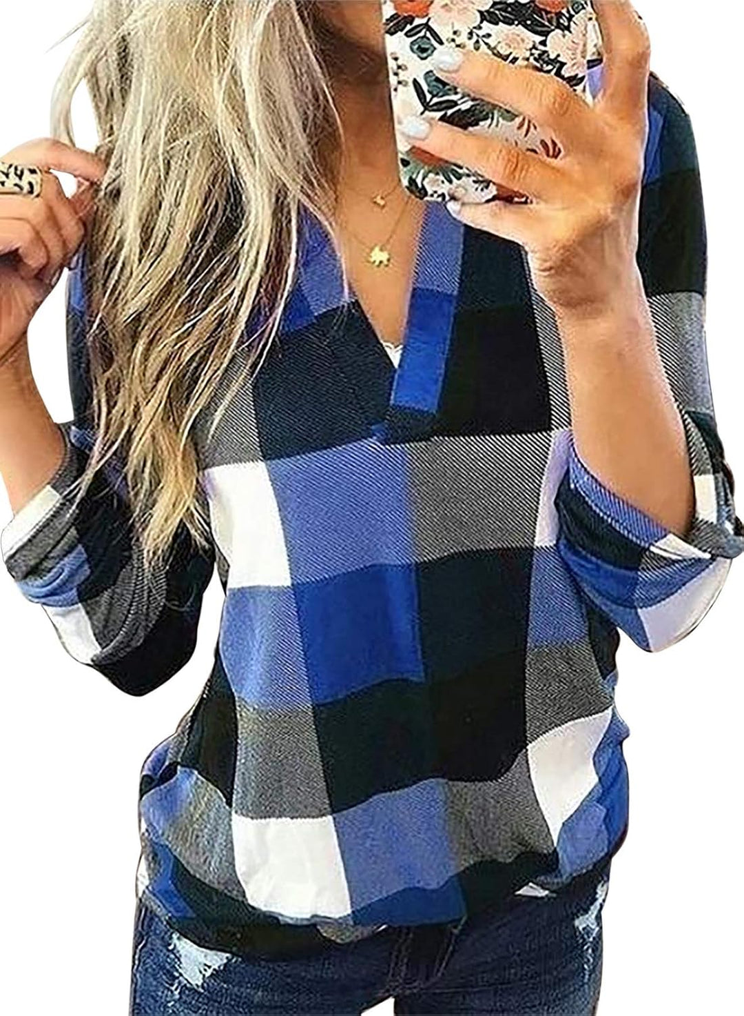Stylish Casual Checked Ladies' Blouse - Lara-Blue-S-State of Style