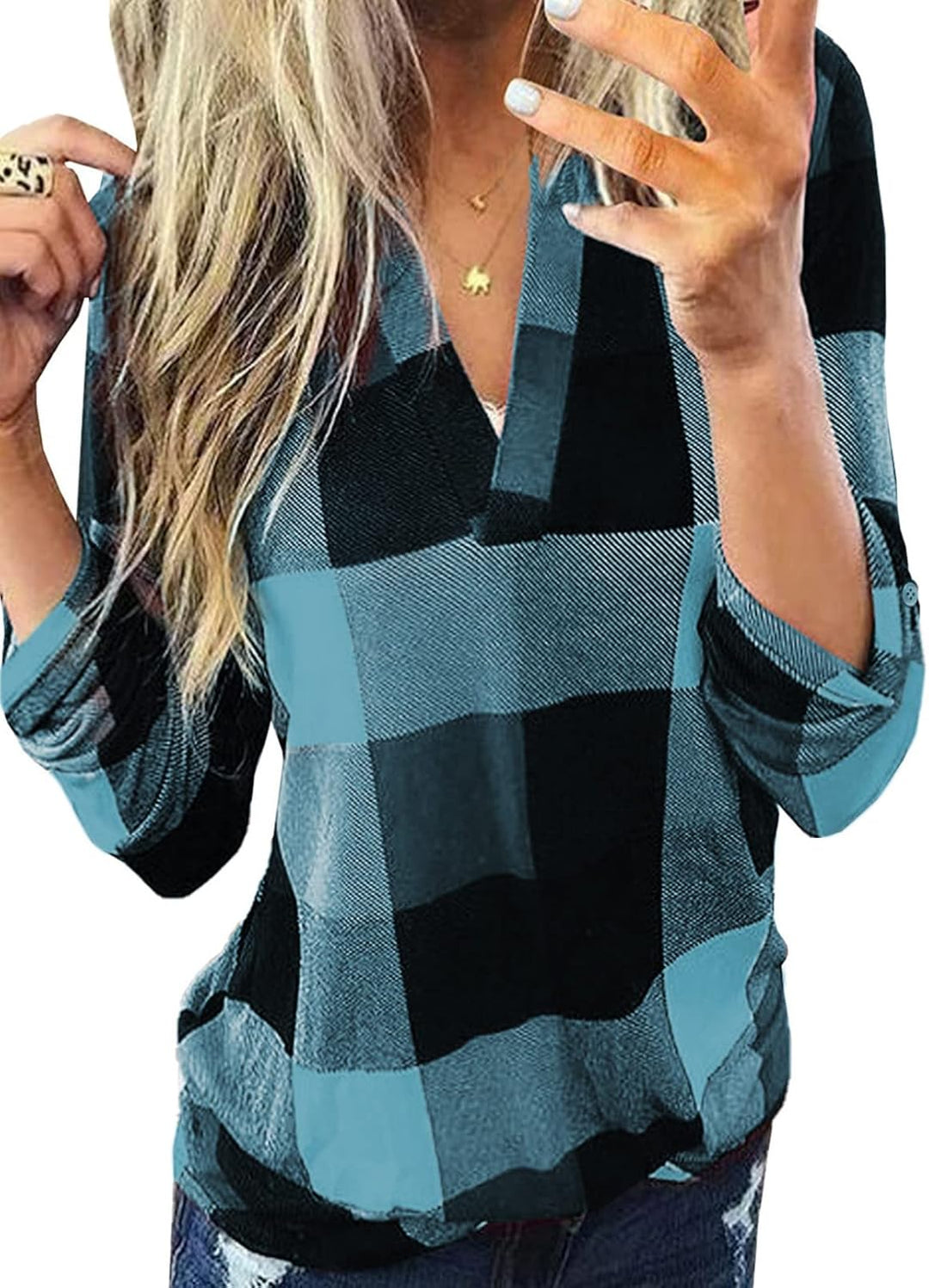 Stylish Casual Checked Ladies' Blouse - Lara-Light Blue/Black-S-State of Style