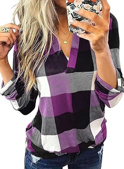 Stylish Casual Checked Ladies' Blouse - Lara-Purple-S-State of Style