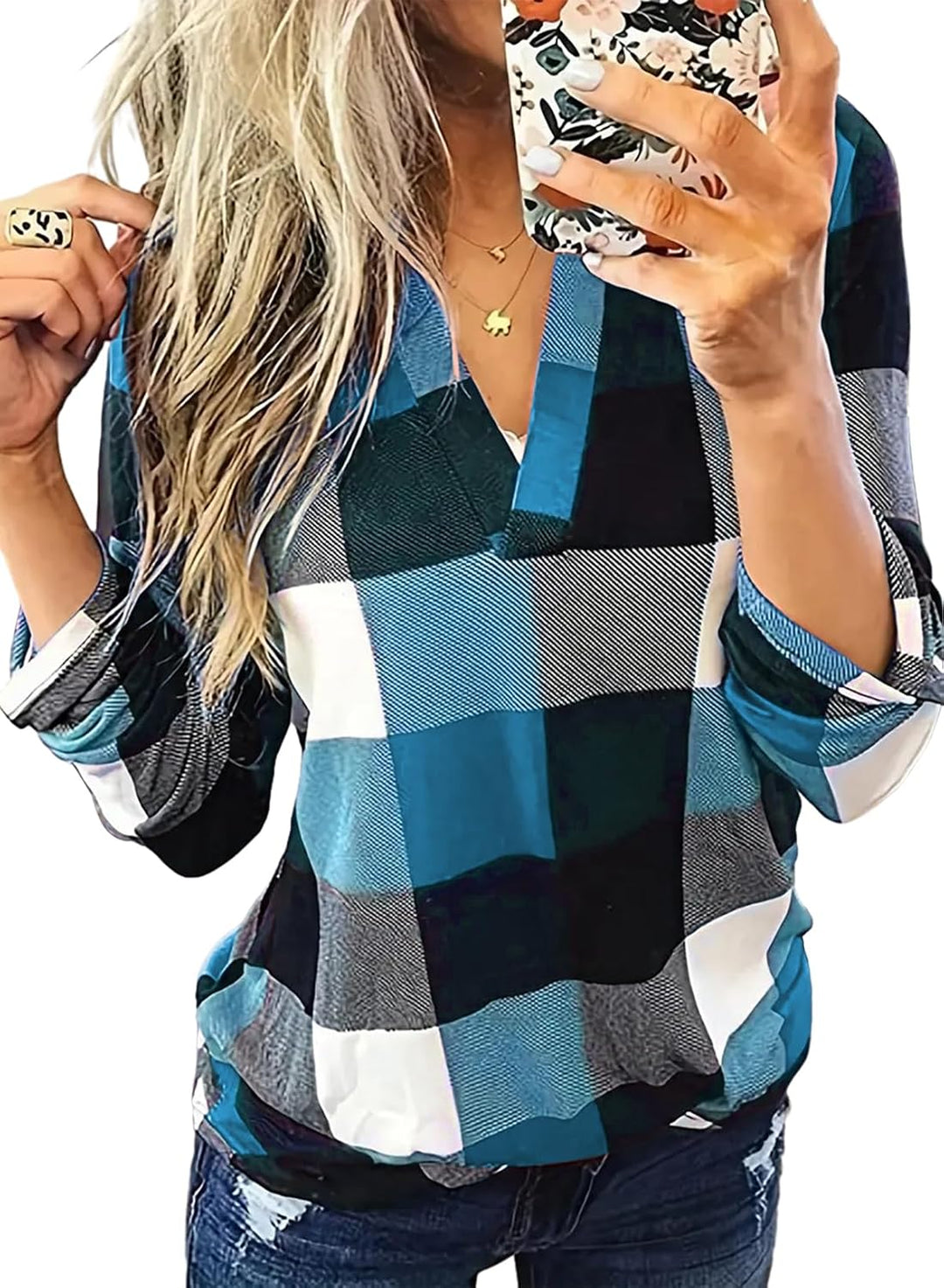 Stylish Casual Checked Women's Blouse - Lara-Light Blue-S-State of Style