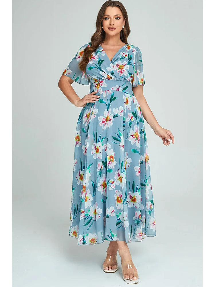 Stylish & Comfortable Plus-Size Spring/Summer Dress with V-Neck & Flowy Hem-Blue-2XL-State of Style