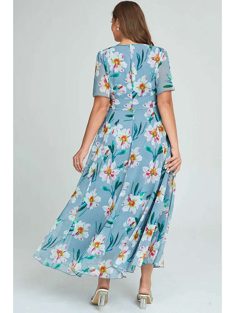 Stylish & Comfortable Plus-Size Spring/Summer Dress with V-Neck & Flowy Hem-Blue-2XL-State of Style