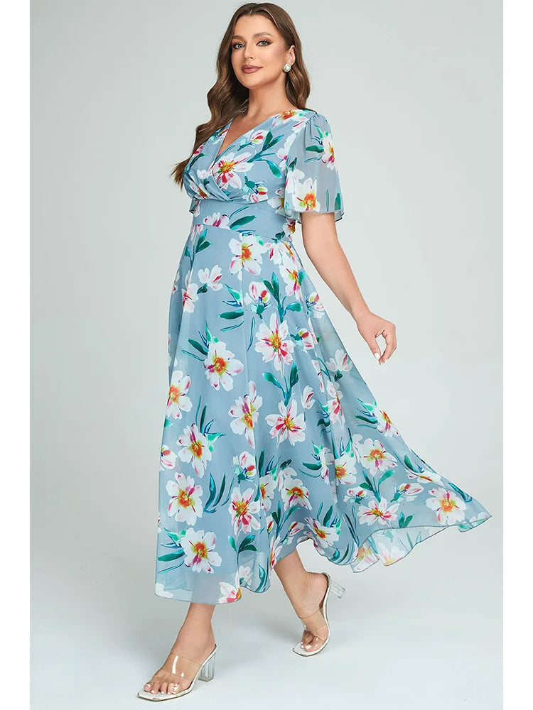 Stylish & Comfortable Plus-Size Spring/Summer Dress with V-Neck & Flowy Hem-Blue-2XL-State of Style