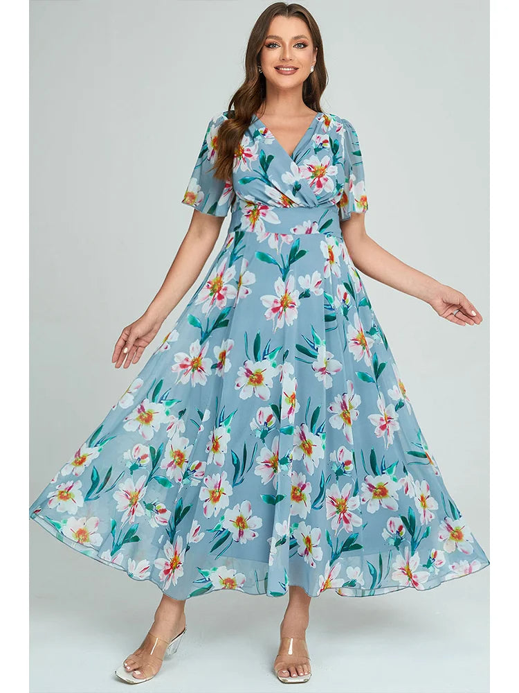 Stylish & Comfortable Plus-Size Spring/Summer Dress with V-Neck & Flowy Hem-Blue-2XL-State of Style