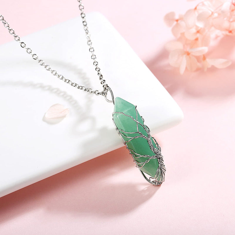 Stylish Crystal with Tree of Life Gemstone Necklace - Elara-Green Aventurine-State of Style
