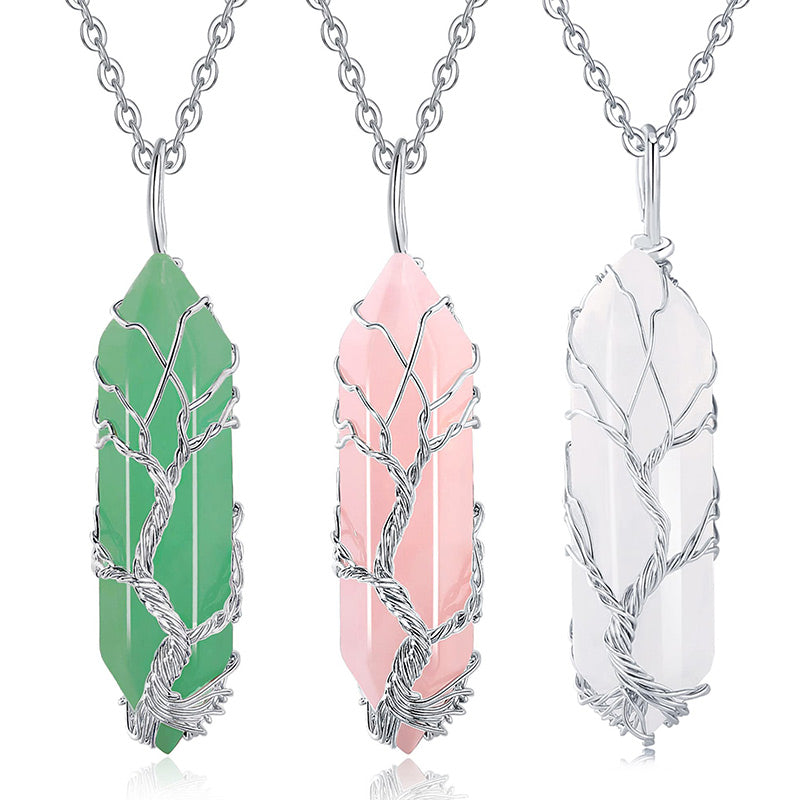 Stylish Crystal with Tree of Life Gemstone Necklace - Elara-Green Aventurine-State of Style