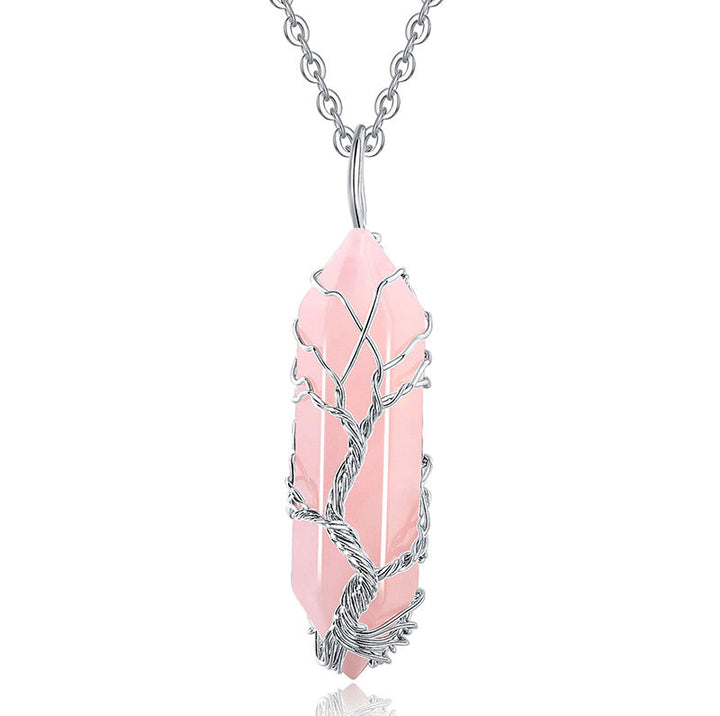 Stylish Crystal with Tree of Life Gemstone Necklace - Elara-Rose quartz-State of Style