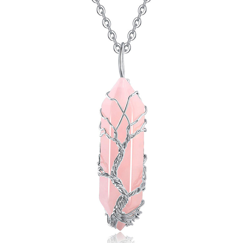Stylish Crystal with Tree of Life Gemstone Necklace - Elara-Rose quartz-State of Style