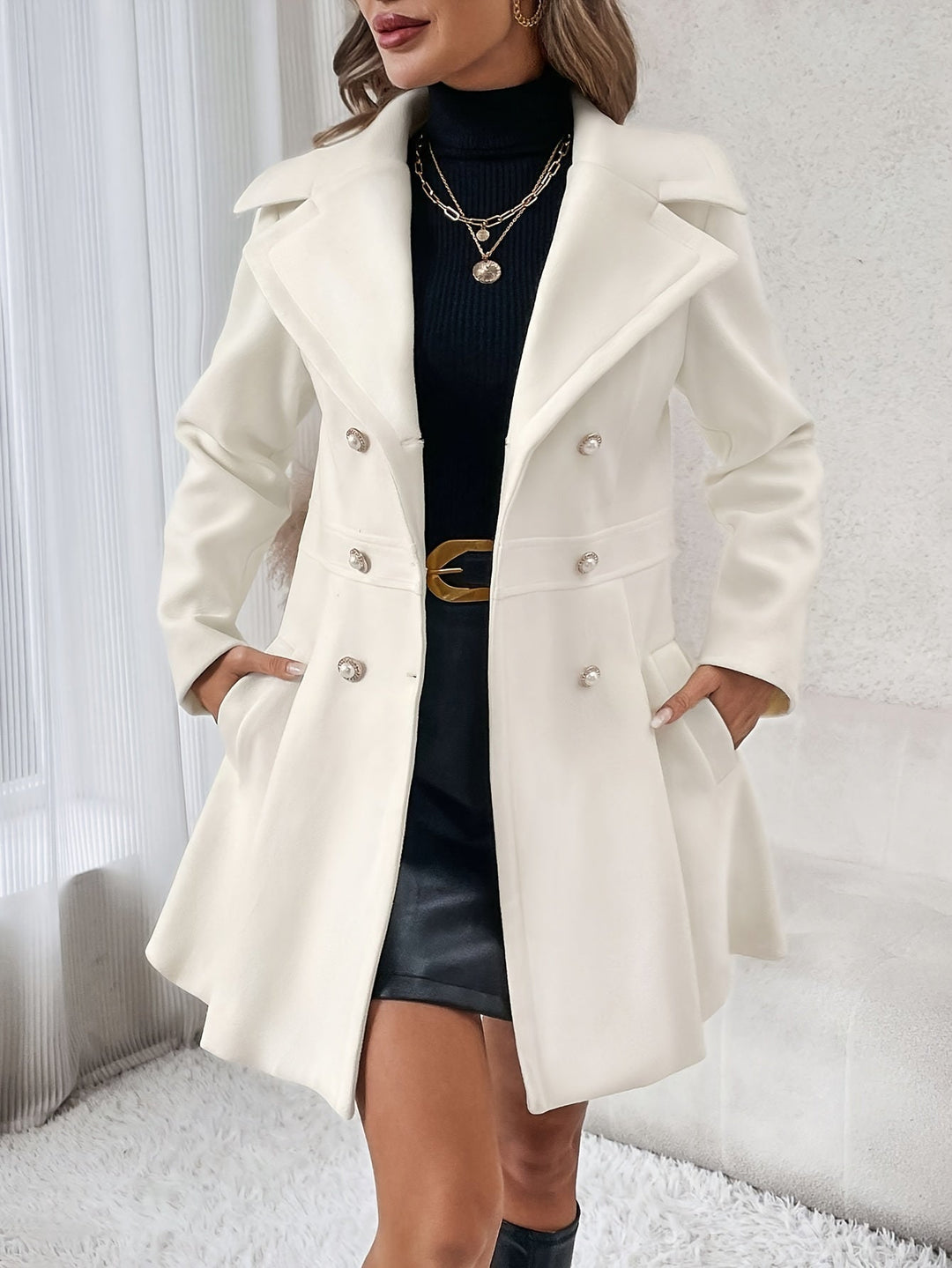 Stylish Flare Coat with Double-Breasted Buttons - Isadora-White-S-State of Style