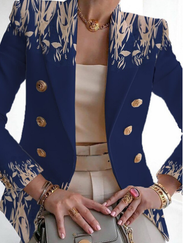 Stylish Floral Print Collarless Jacket - Meliora-Dark Blue-S-State of Style