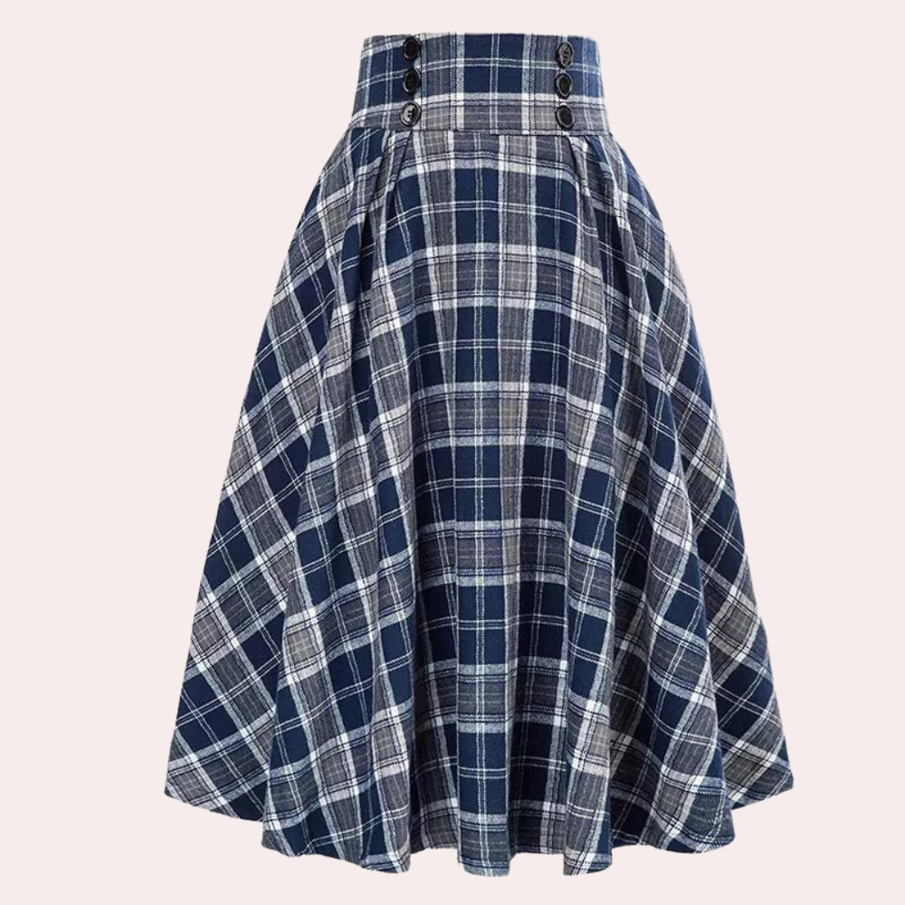 Stylish High-Waist A-Line Skirt with Check Pattern - Maëlle-Blue-XS-State of Style