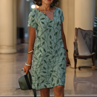 Stylish Knitted Dress with V-Neck and Short Sleeves - ValeriaStrick-Green-S-State of Style