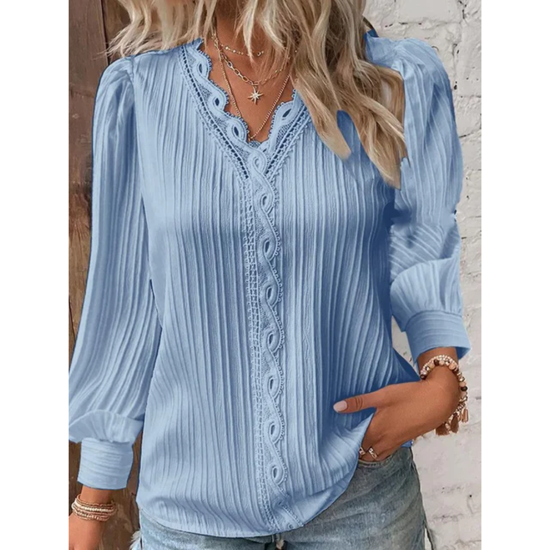 Stylish ladies' blouse with a V-neck & long sleeves – Alvara-Light blue-S-State of Style