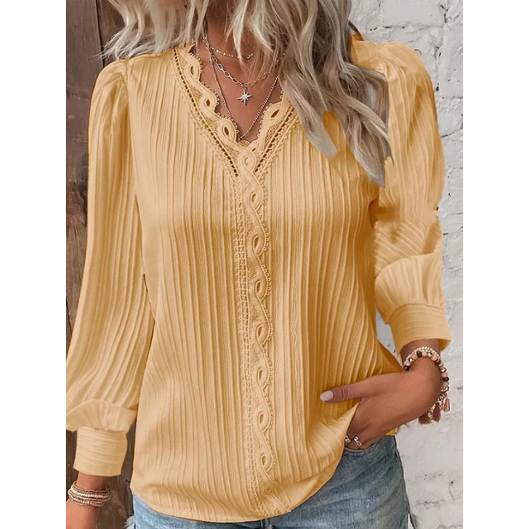 Stylish ladies' blouse with a V-neck & long sleeves – Alvara-Yellow-S-State of Style
