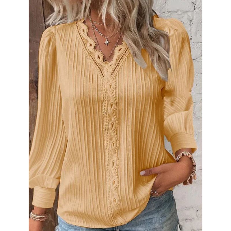 Stylish ladies' blouse with a V-neck & long sleeves – Alvara-Yellow-S-State of Style
