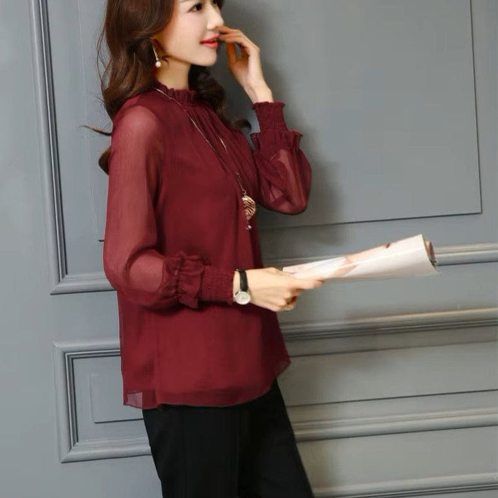 Stylish ladies' chiffon blouse with ruffles & transparent sleeves – Elina-Green-S-State of Style