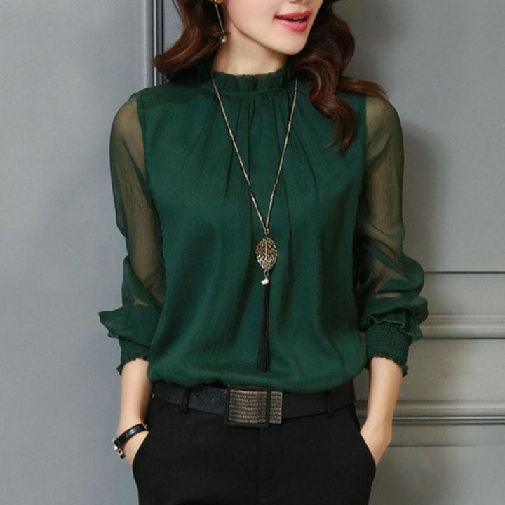Stylish ladies' chiffon blouse with ruffles & transparent sleeves – Elina-Green-S-State of Style