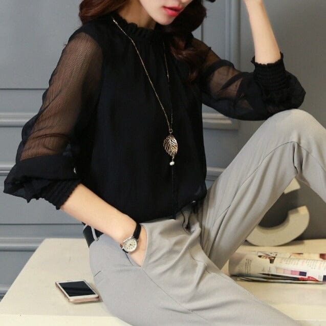 Stylish ladies' chiffon blouse with ruffles & transparent sleeves – Elina-Green-S-State of Style