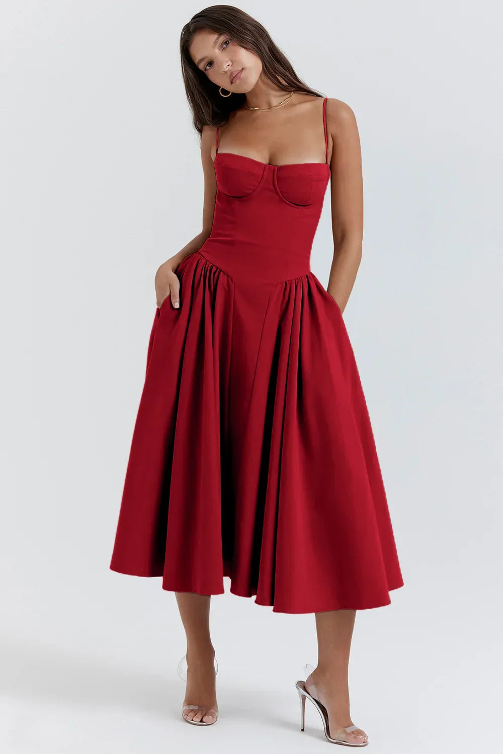 Stylish ladies' summer dress with spaghetti straps & waist corset – Mira-Blue-S-State of Style