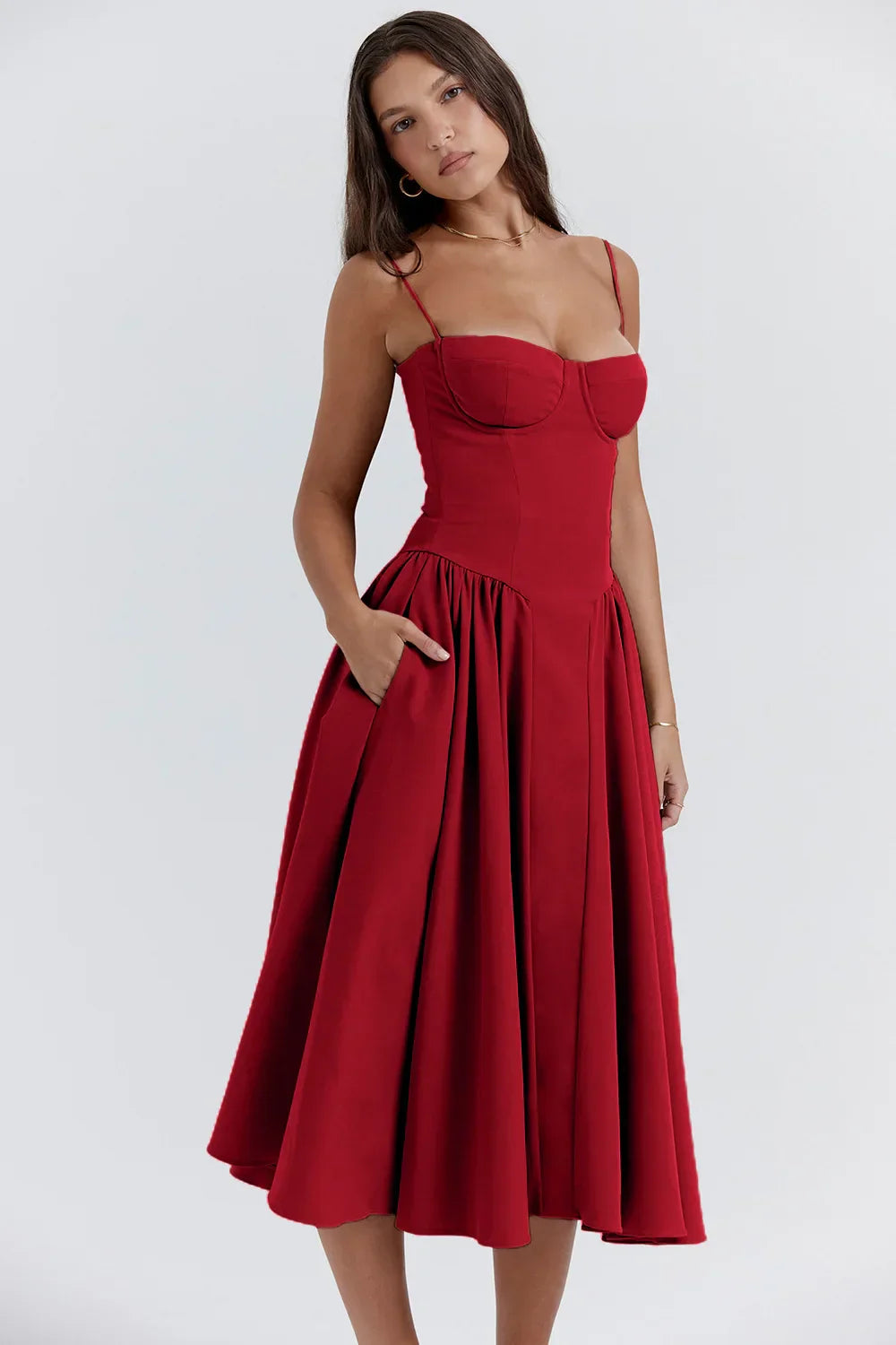 Stylish ladies' summer dress with spaghetti straps & waist corset – Mira-Blue-S-State of Style