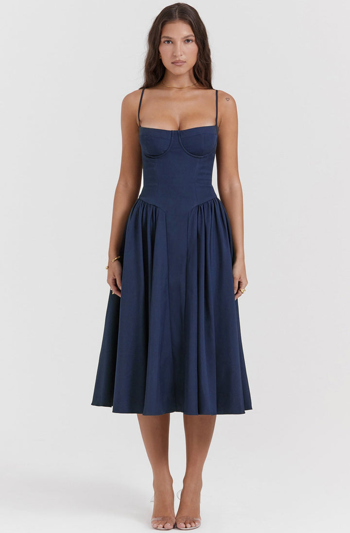 Stylish ladies' summer dress with spaghetti straps & waist corset – Mira-Blue-S-State of Style