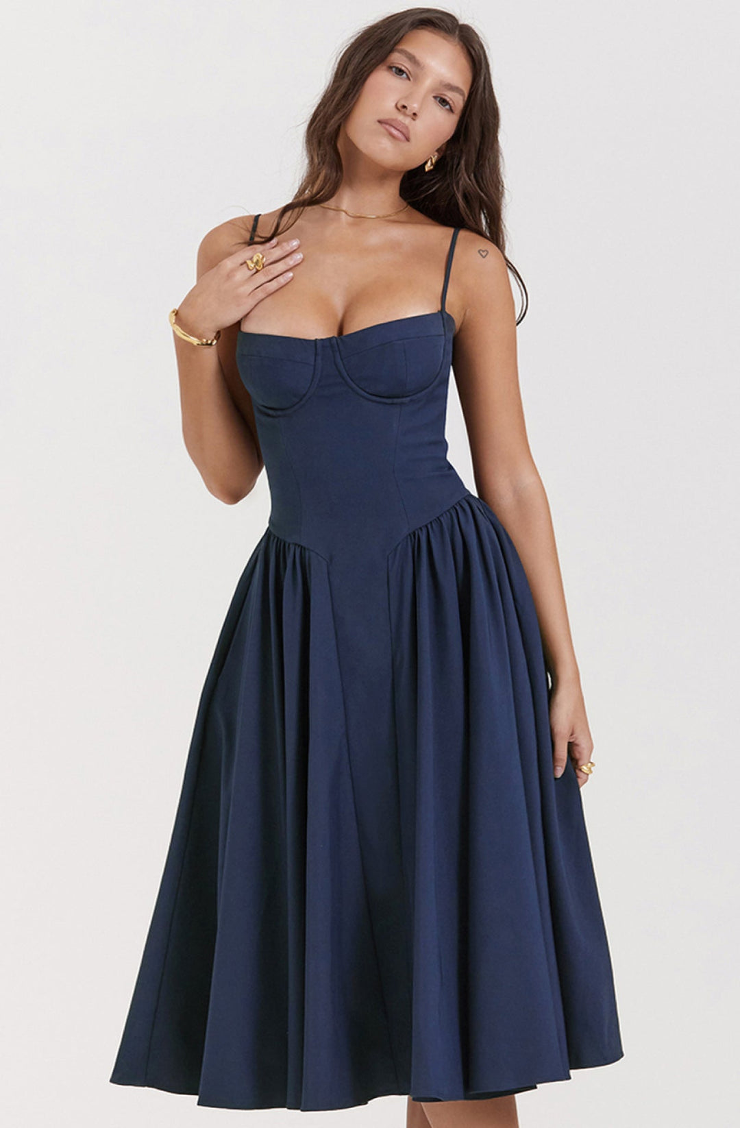Stylish ladies' summer dress with spaghetti straps & waist corset – Mira-Blue-S-State of Style