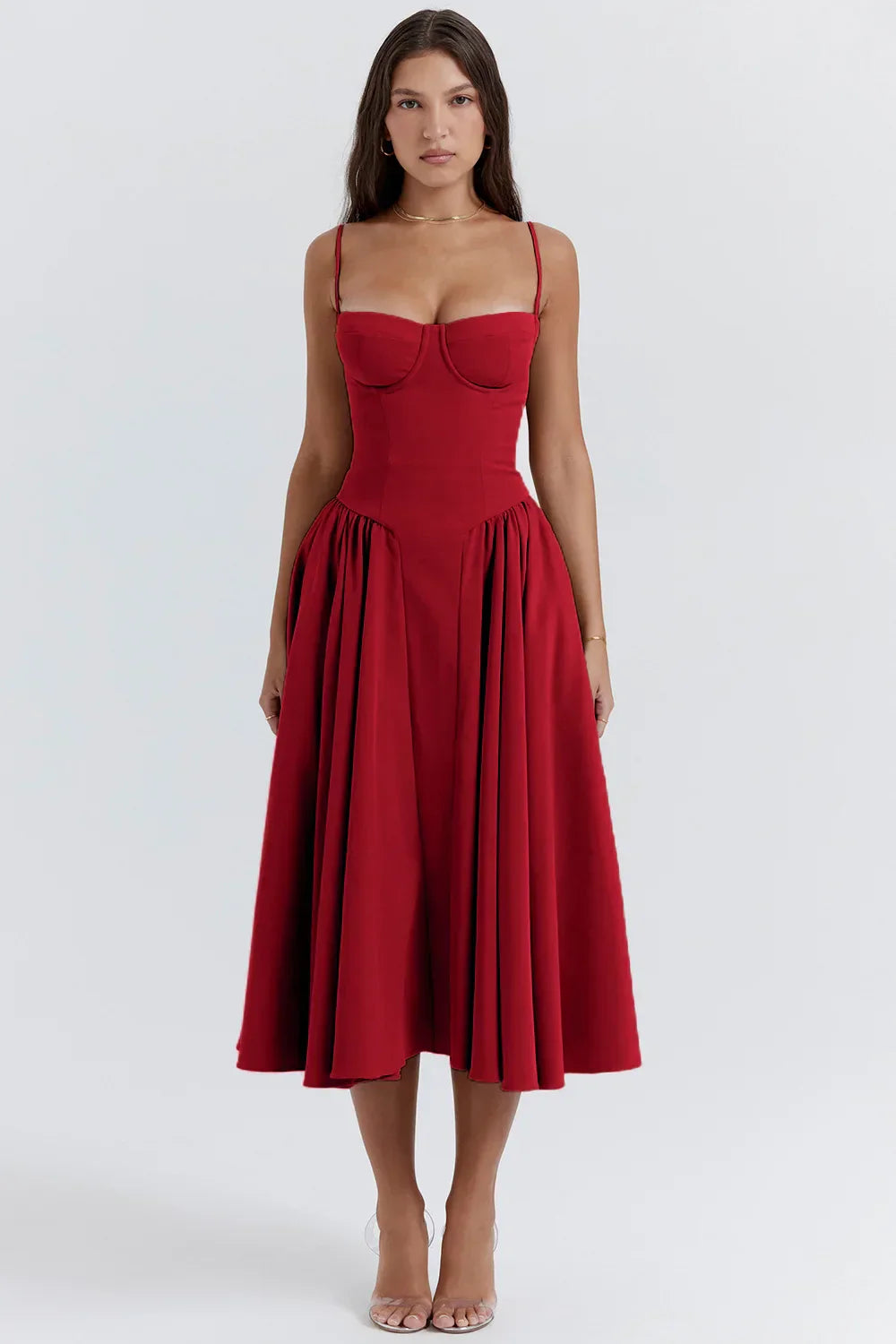 Stylish ladies' summer dress with spaghetti straps & waist corset – Mira-Red-S-State of Style