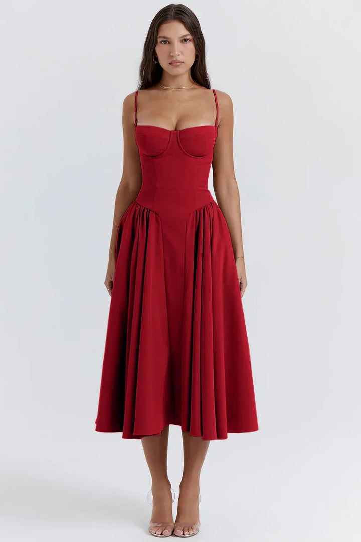 Stylish ladies' summer dress with spaghetti straps & waist corset – Mira-Red-S-State of Style