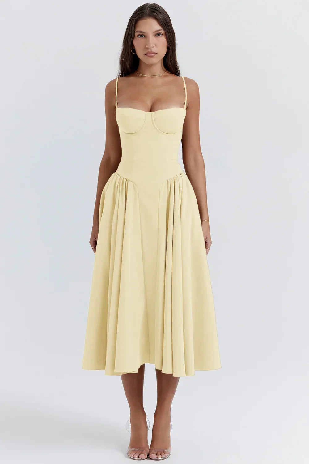 Stylish ladies' summer dress with spaghetti straps & waist corset – Mira-Yellow-S-State of Style