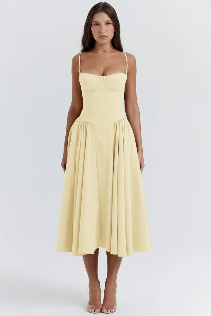 Stylish ladies' summer dress with spaghetti straps & waist corset – Mira-Yellow-S-State of Style