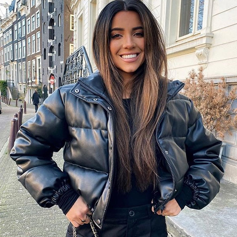 Stylish Leather Puffer Jacket for Women | CoolJacket-Black-S-State of Style